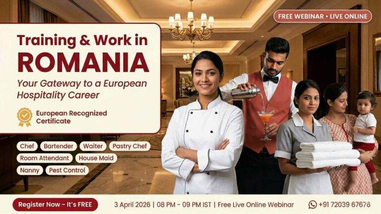 A high-resolution 1920x1080 professional webinar banner photograph. Real photographic background showing a elegant European hotel lobby or upscale restaurant interior in Bucharest, Romania, with warm ambient lighting, marble floors, and chandelier. Foreground features real people in professional uniforms — a real female chef in crisp white chef coat smiling confidently, a real male bartender in black vest pouring a cocktail, a real female housekeeping staff in grey uniform holding fresh white towels, and a real nanny in casual professional attire with a child. People are of South Asian (Indian) appearance, representing Indian candidates working in Europe. Natural studio lighting, sharp focus, DSLR quality, Canon EOS R5 shot. Left side has a deep navy blue semi-transparent overlay panel with white bold text "Training & Work in Romania", teal green large word "ROMANIA", subtitle in italic "Your Gateway to a European Hospitality Career", gold badge icon for "European Recognized Certificate", green pill tags listing Chef, Bartender, Waiter, Pastry Chef, Room Attendant, House Maid, Nanny, Pest Control courses. Bottom bar shows "3 April 2026 | 08 PM – 09 PM IST | Free Live Online Webinar" in clean white sans-serif text on dark navy strip. Top right corner has a outlined pill badge "FREE WEBINAR • LIVE ONLINE". Bottom right shows phone number "+91 72039 67676". Green CTA button "Register Now – It's FREE" at the bottom left. Photorealistic, no illustration, no cartoon, no animation, ultra sharp, cinematic color grading, warm golden tones mixed with cool navy blue, professional corporate photography style, 4K ultra HD quality.